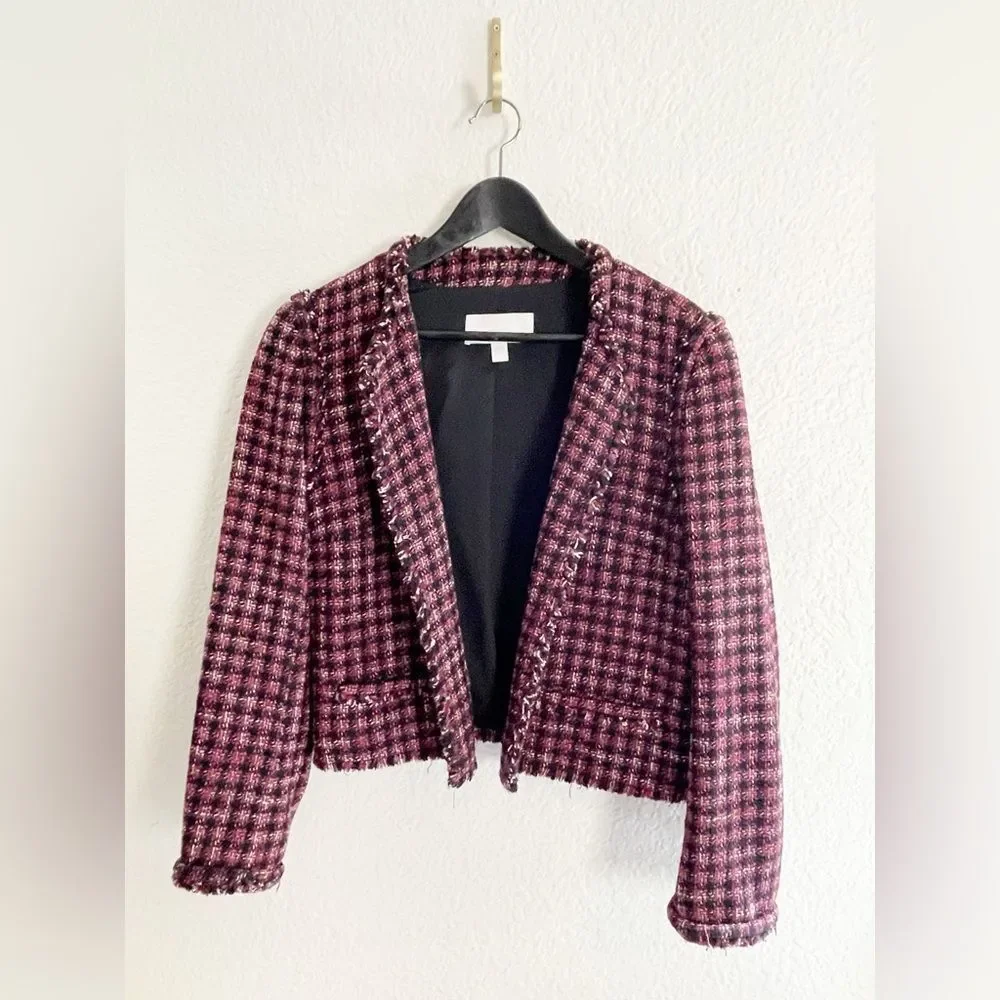 Hugo Boss Johella Modern Tweed Cotton Blend Jacket Burgundy & Black crop blazer - Picture 3 of 8
